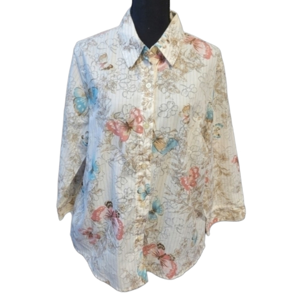 Alfre Dunner Button Up Floral & butterfly shirt Cotton Polyester Size 18